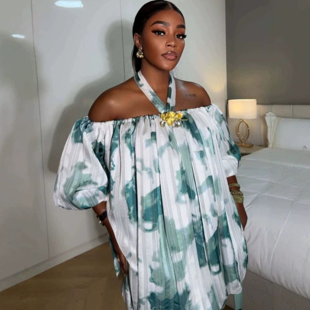 African Sleeveless Halterneck Print Dress Fashionable Loose Sexy Short Dress